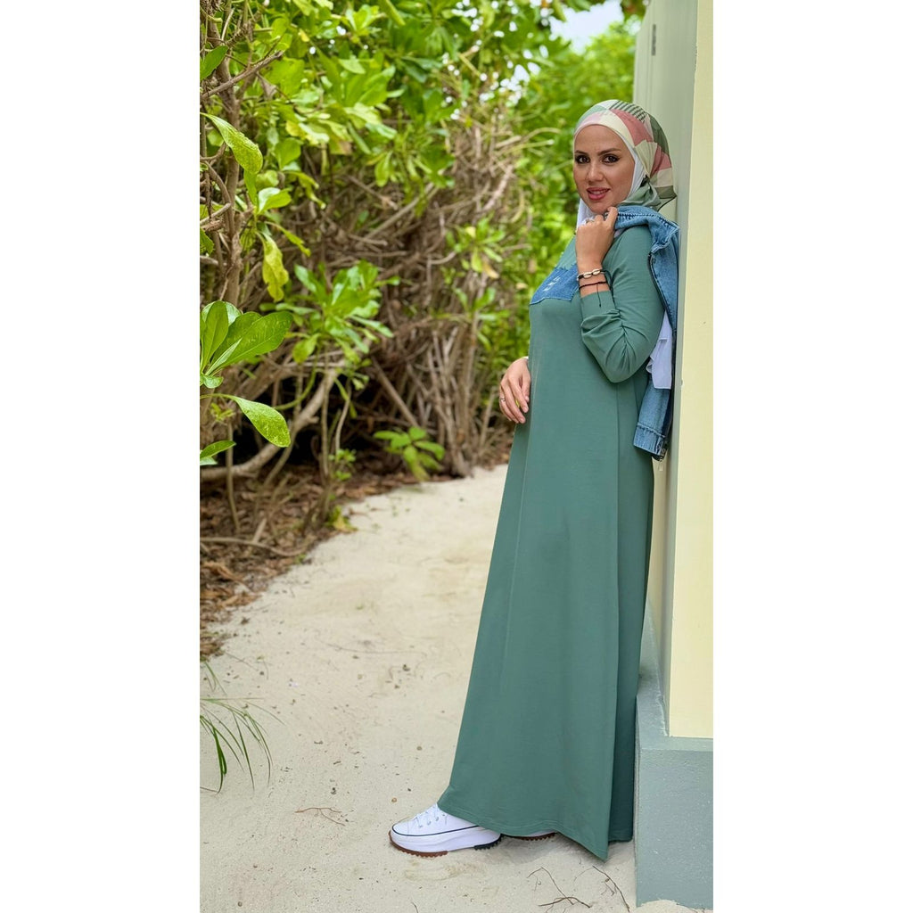 Two Pieces Cotton Dress With Denim Vest